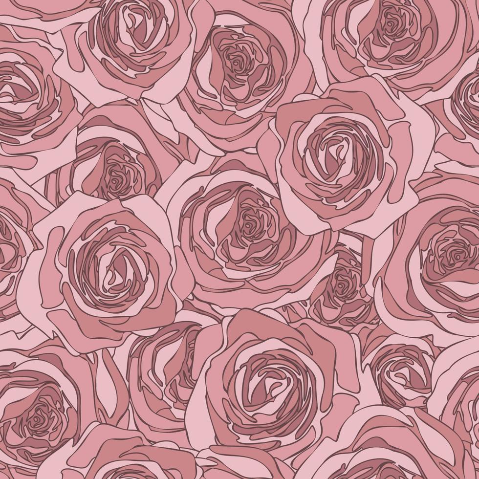 naadloze esthetische achtergrond met abstracte stoffige roze kleur rozen, gebogen patroon van rozenblaadjes en bloesem bloemen hand getrokken vectorillustratie voor textiel dekking vector