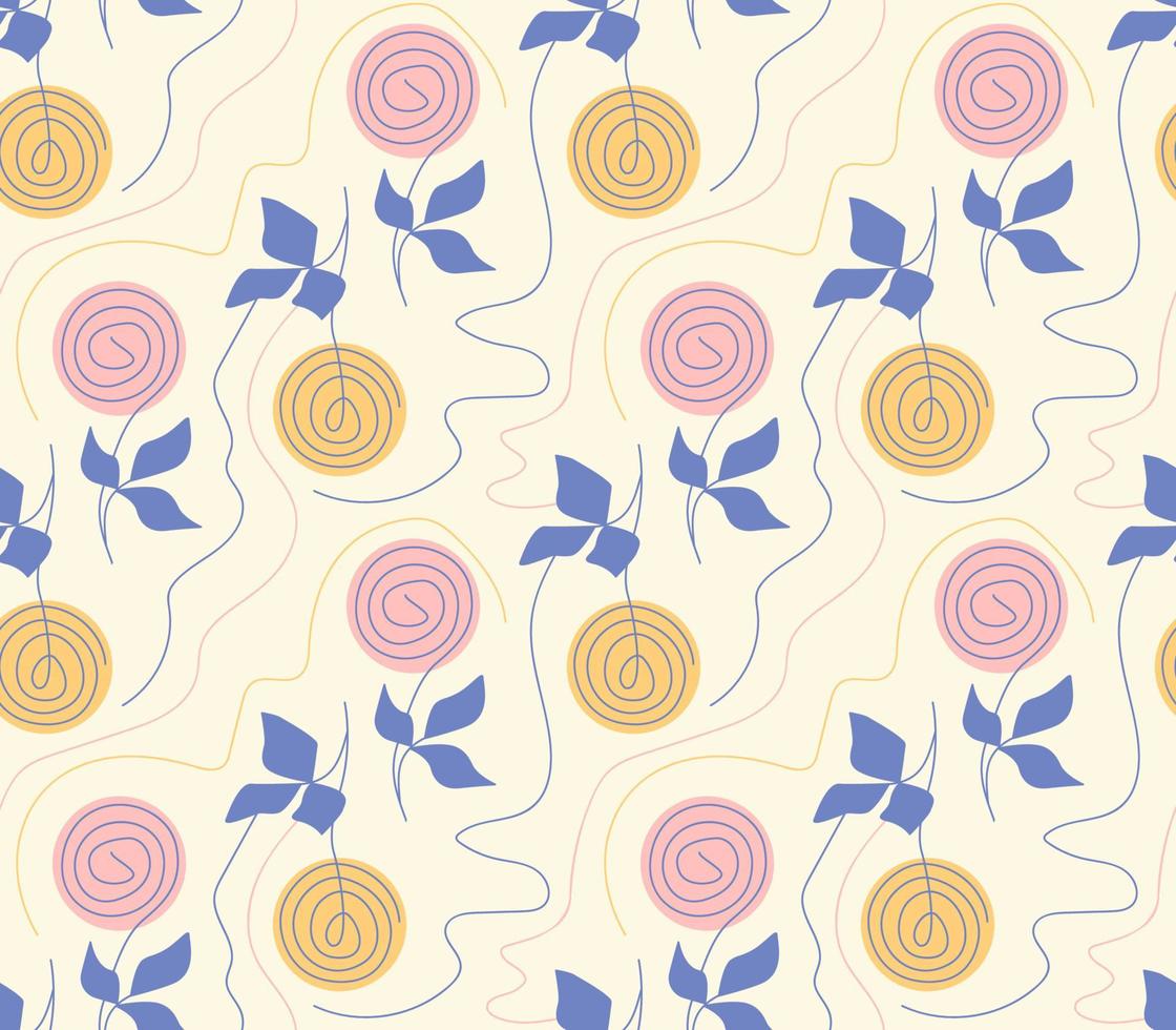 naadloze patroon met abstracte spiraal roze bloemen, bladeren en lijnen. blauwe roos geel minimale handgetekende bloemen schattige pastel achtergrond voor textiel vectorillustratie vector