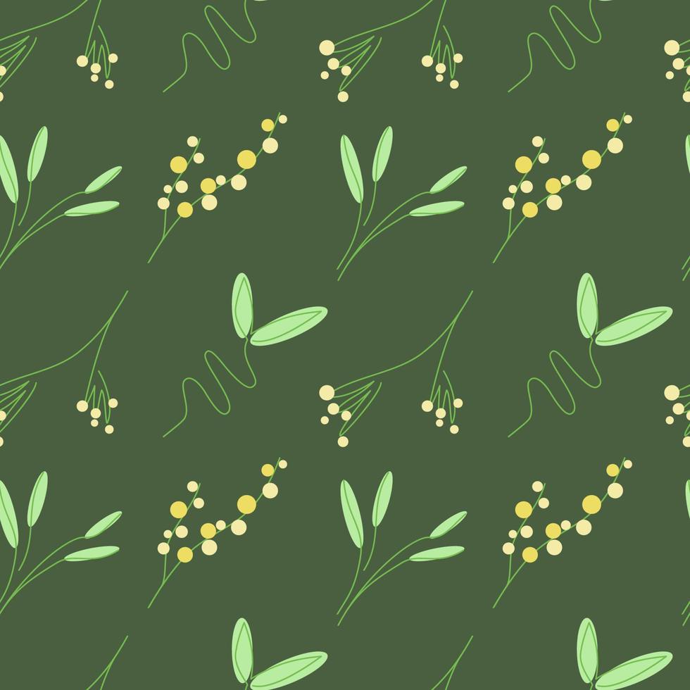 naadloos minimalistisch bloemenpatroon van gele mimosabloemen en groene bamboetakken met bladeren en gras op donkergroene vectorillustratie als achtergrond voor stoffentextiel vector