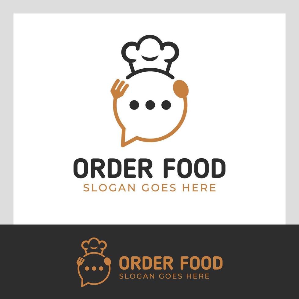 online eten bestellen logo met bubble chat pictogram vector en hoed chef-kok conceptontwerp voor catering logo sjabloon