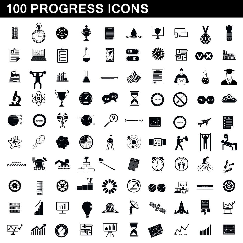 100 voortgang iconen set, eenvoudige stijl vector