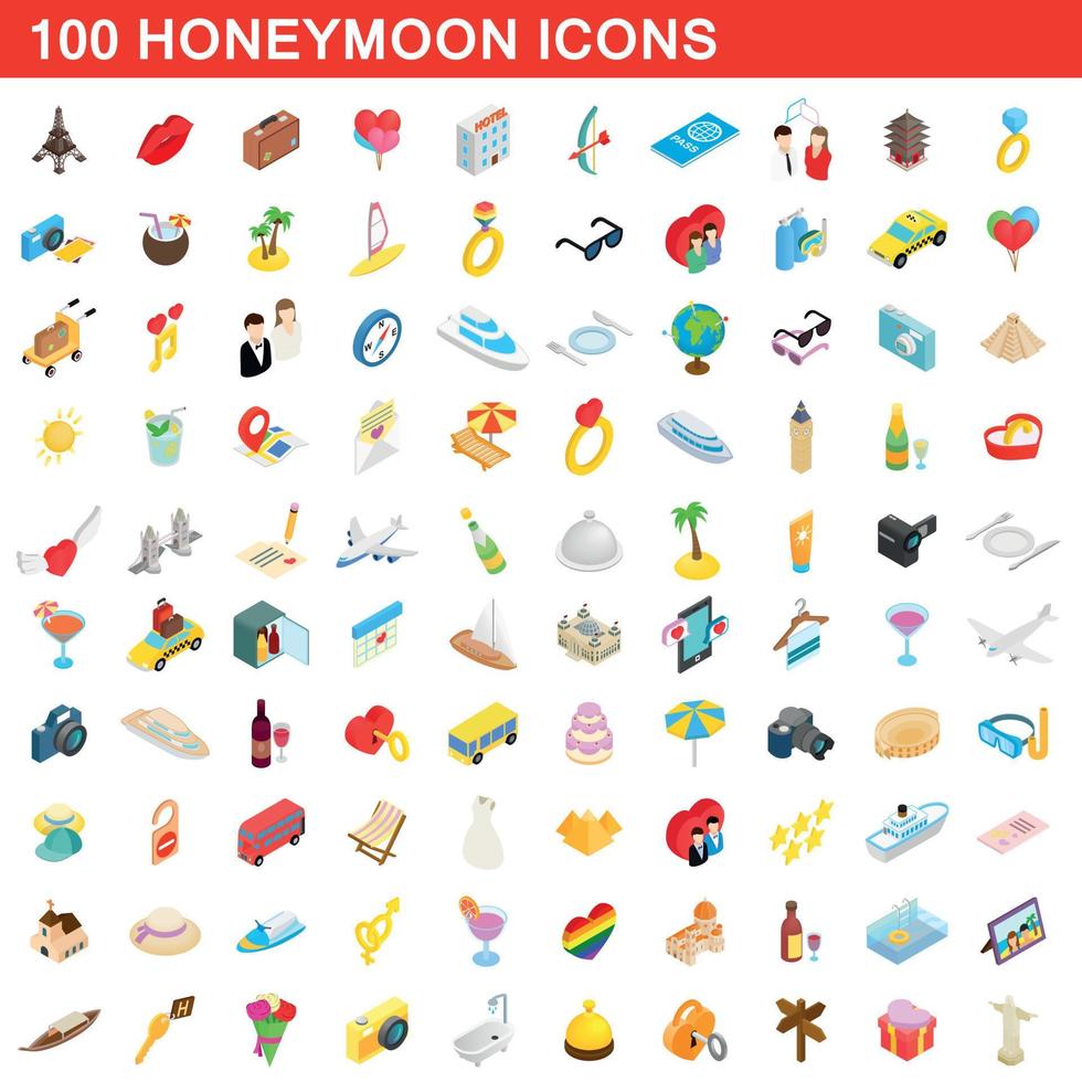 100 huwelijksreis iconen set, isometrische 3D-stijl vector