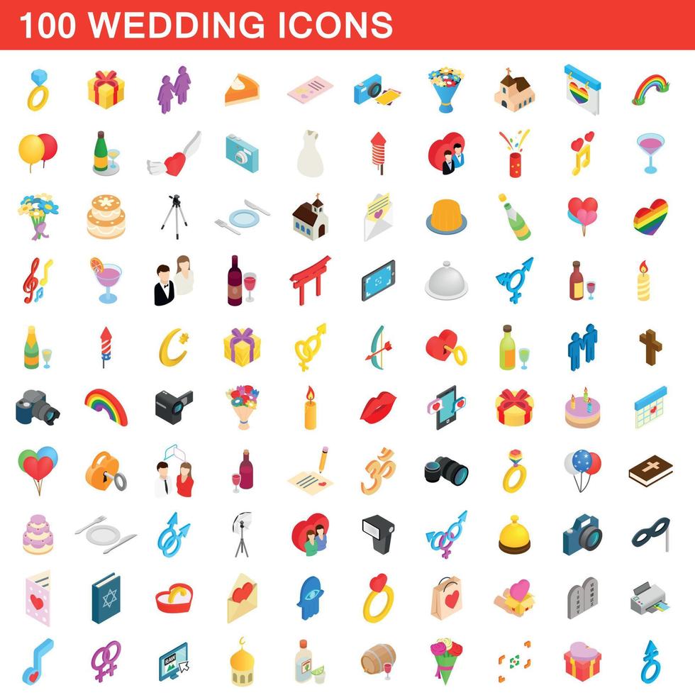 100 bruiloft iconen set, isometrische 3D-stijl vector