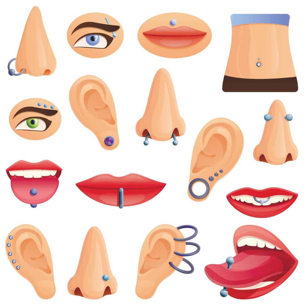 piercing iconen set, cartoon stijl vector