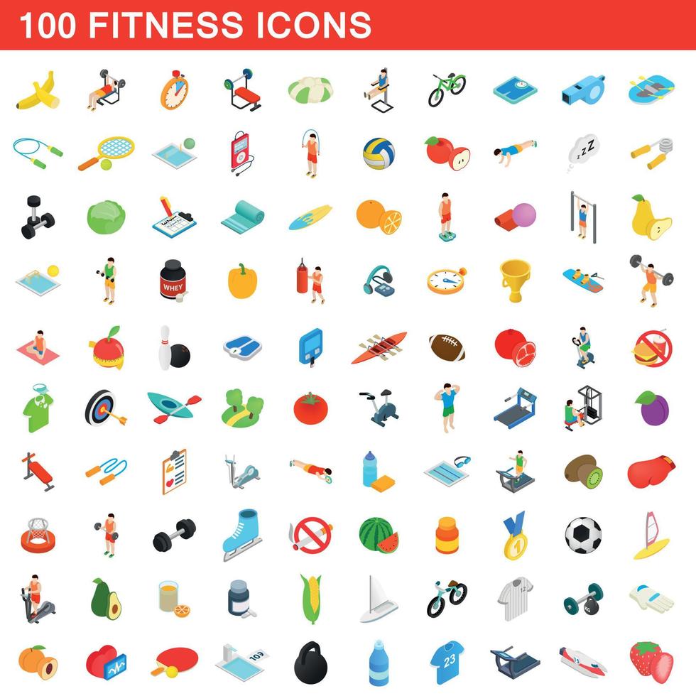 100 fitness iconen set, isometrische 3D-stijl vector