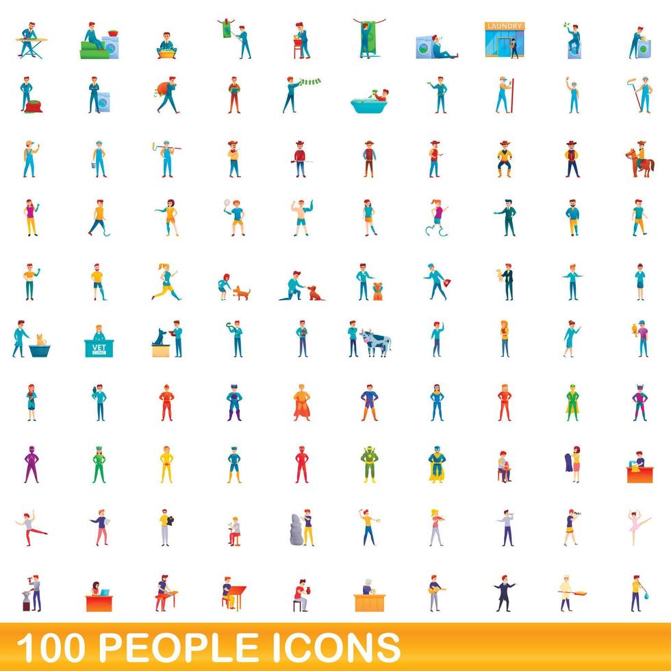 100 mensen iconen set, cartoon stijl vector