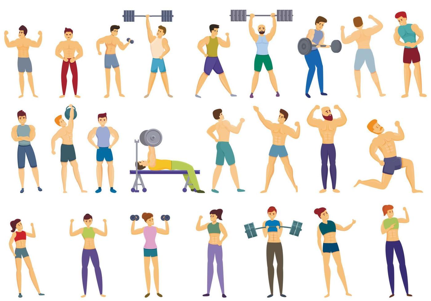 bodybuilding iconen set, cartoon stijl vector