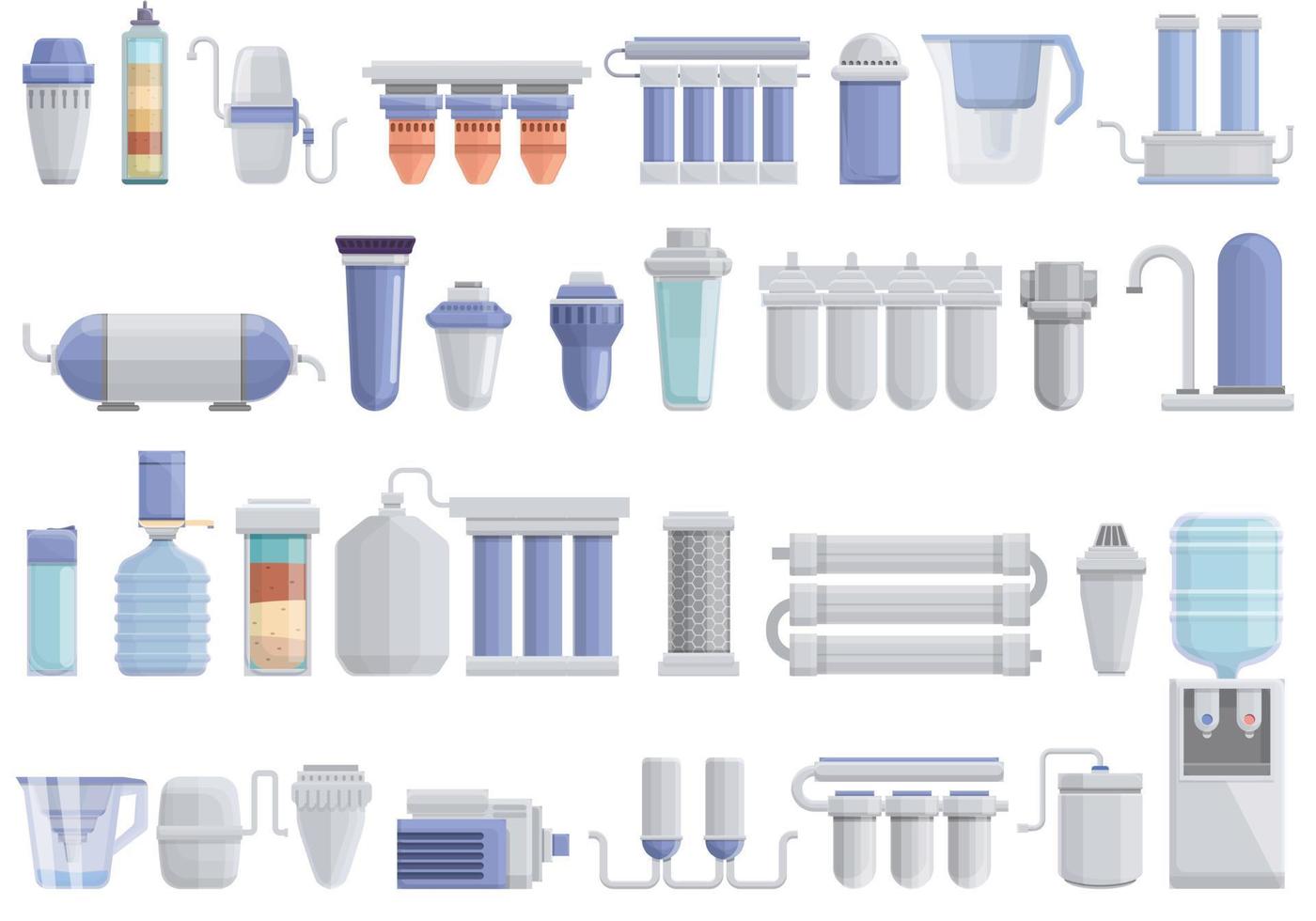 apparatuur voor waterzuivering iconen set, cartoon stijl vector