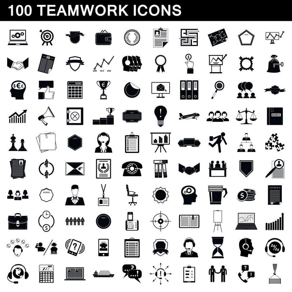 100 teamwerk iconen set, eenvoudige stijl vector