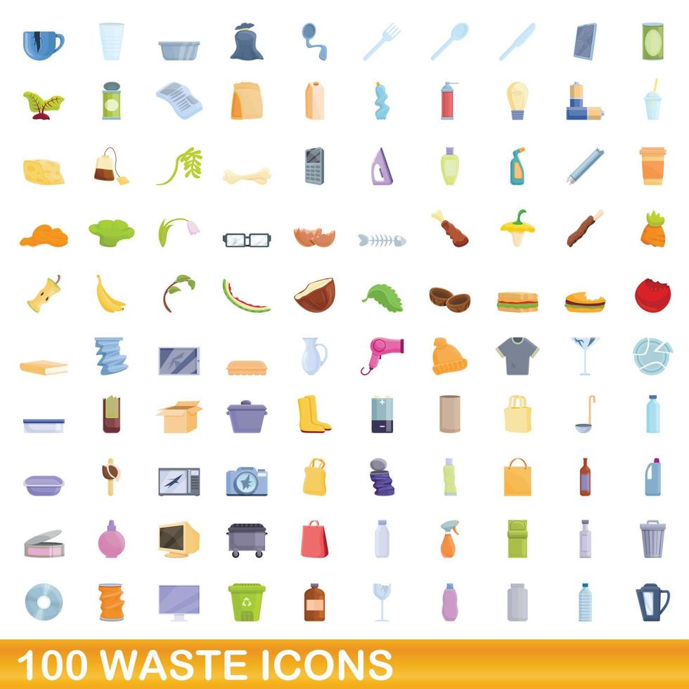 100 afval iconen set, cartoon stijl vector