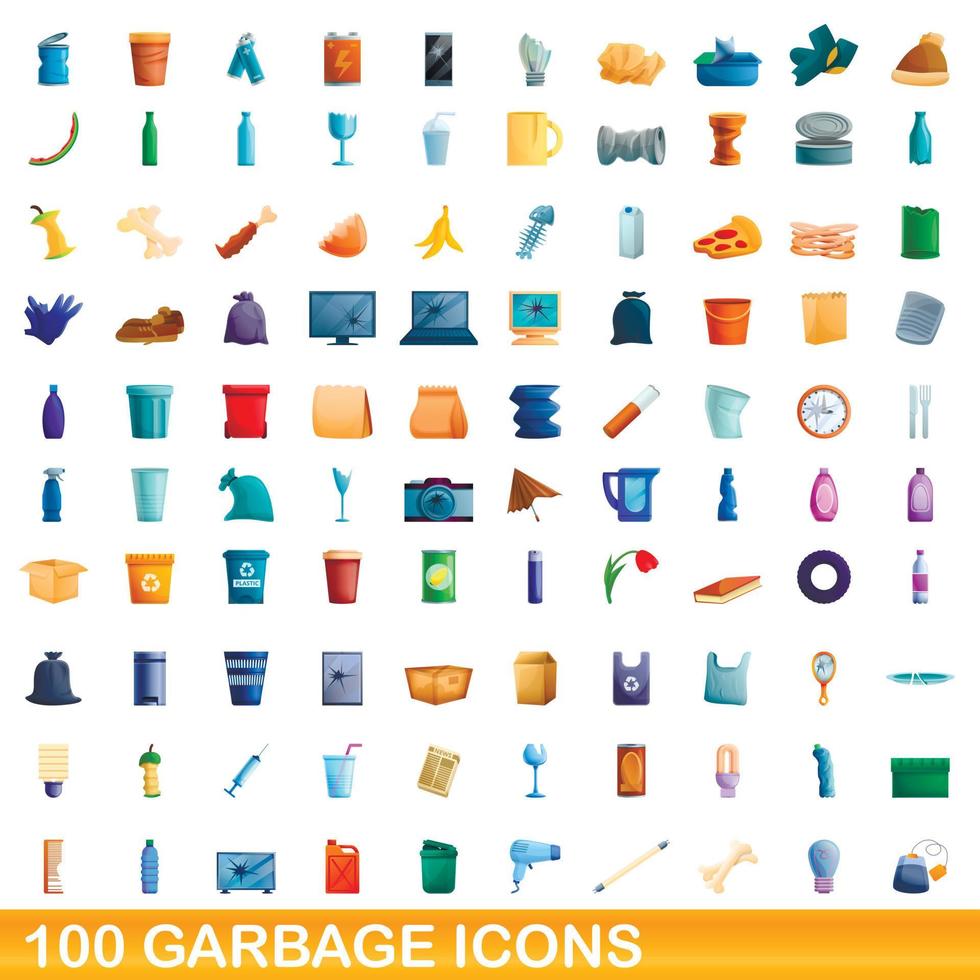 100 vuilnis iconen set, cartoon stijl vector