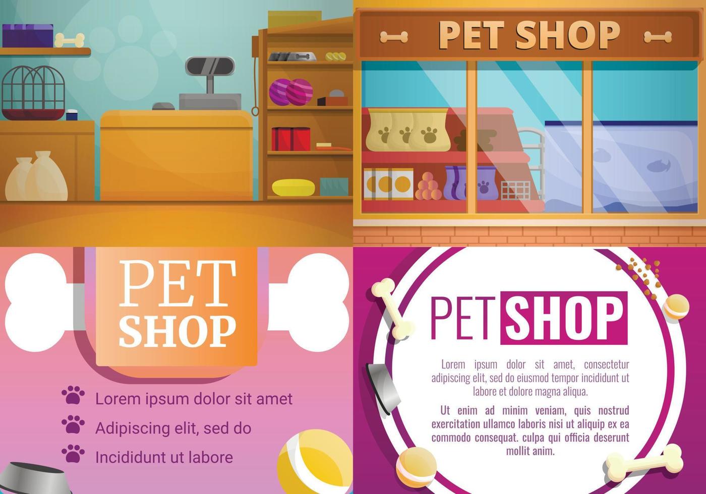 dierenwinkel banner set, cartoon stijl vector