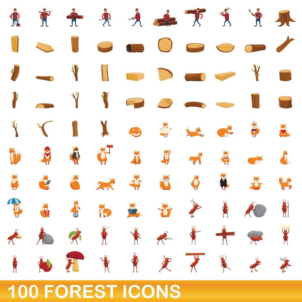 100 bos iconen set, cartoon stijl vector