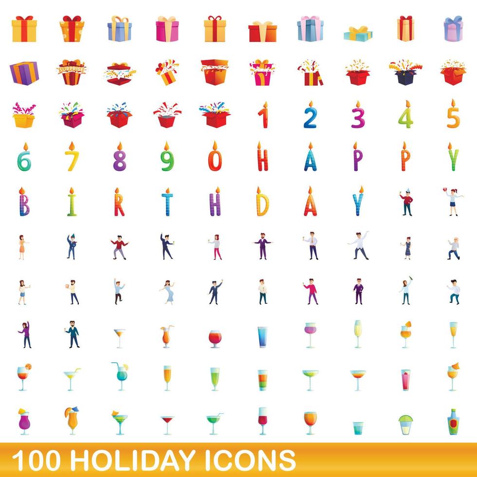 100 vakantie iconen set, cartoon stijl vector