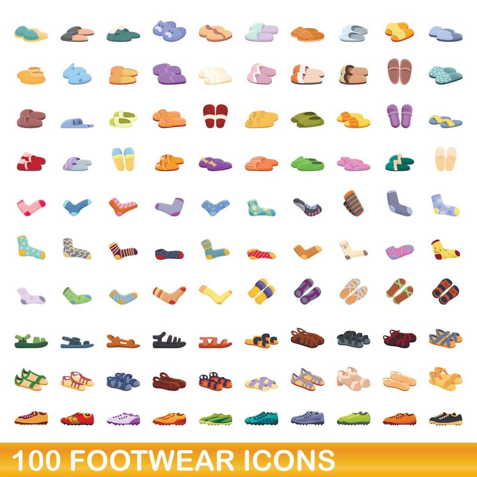 100 schoenen iconen set, cartoon stijl vector