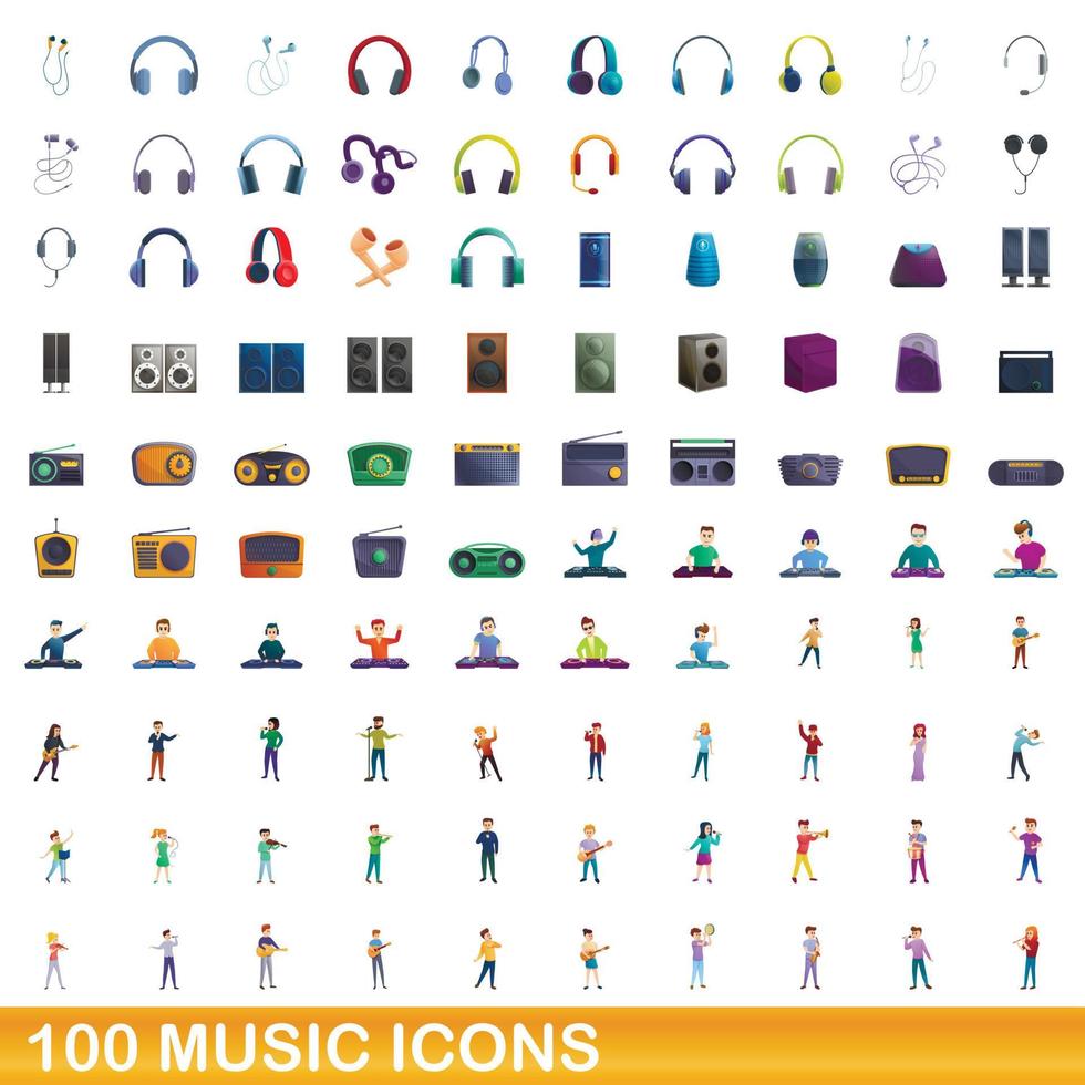 100 muziek iconen set, cartoon stijl vector