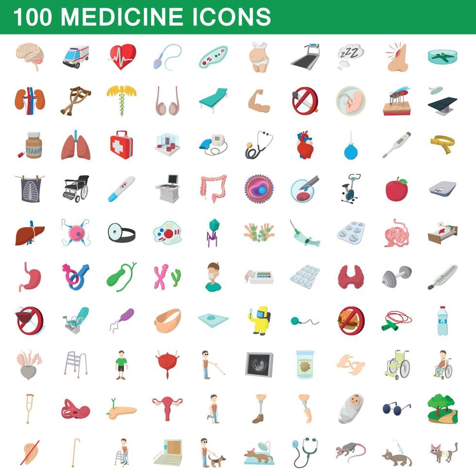 100 geneeskunde iconen set, cartoon stijl vector