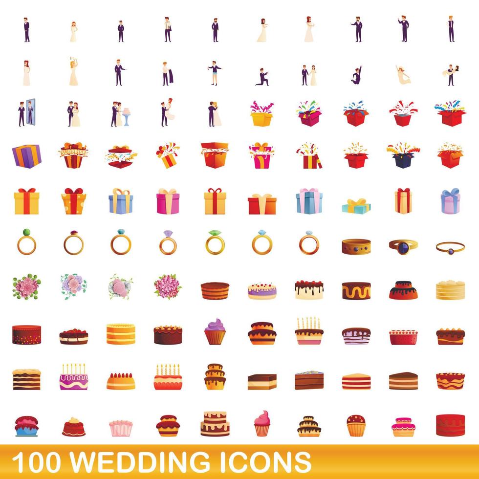 100 bruiloft iconen set, cartoon stijl vector