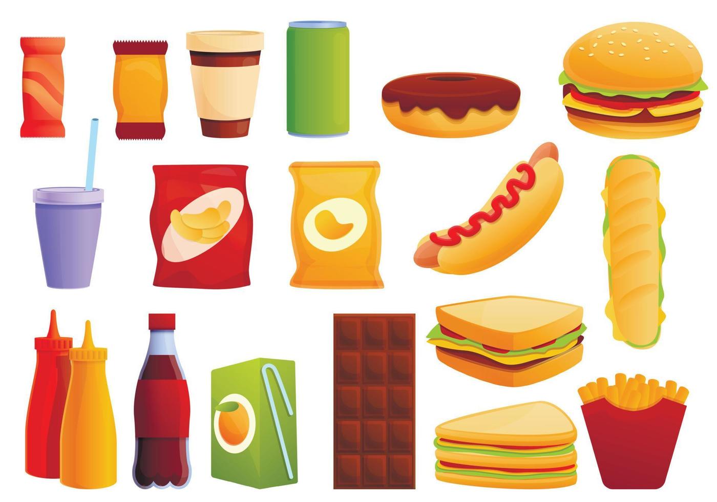 Broodjesbar iconen set, cartoon stijl vector