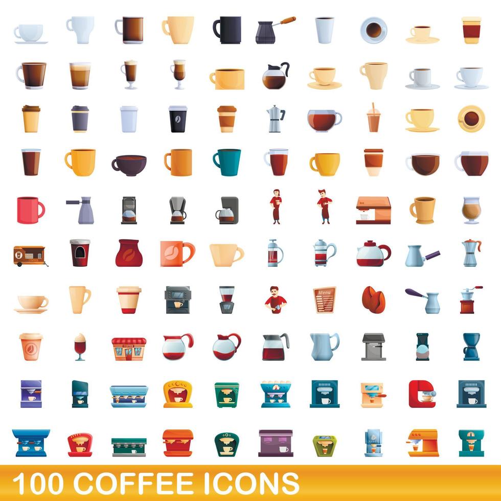 100 koffie iconen set, cartoon stijl vector