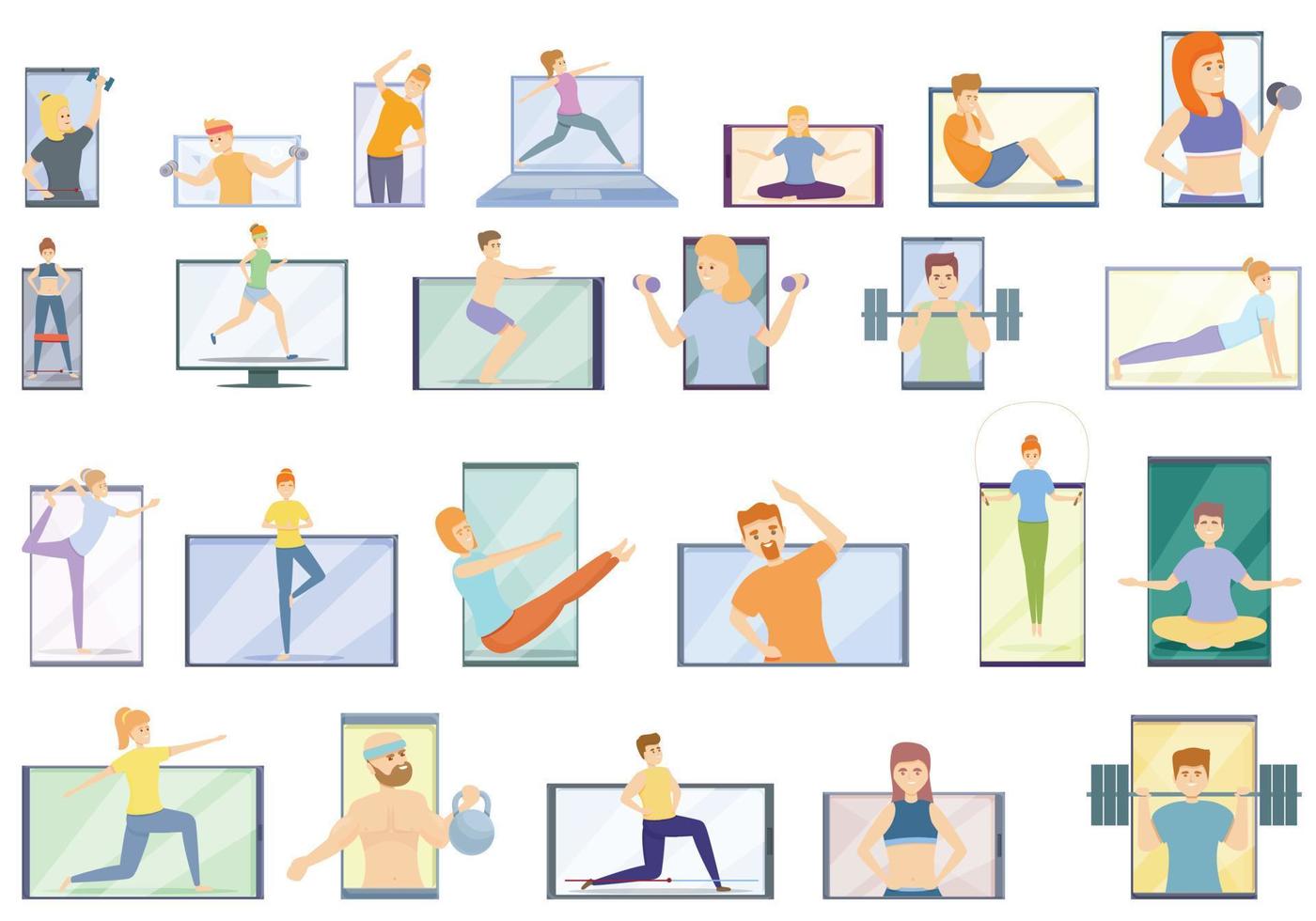 fitness blog iconen set, cartoon stijl vector