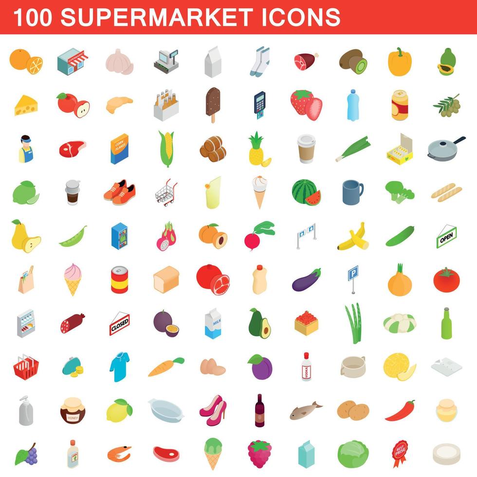 100 supermarkt iconen set, isometrische 3D-stijl vector
