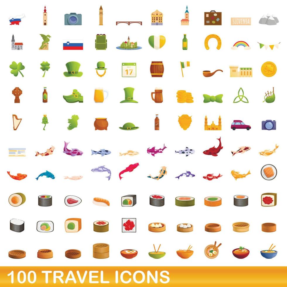 100 reizen iconen set, cartoon stijl vector