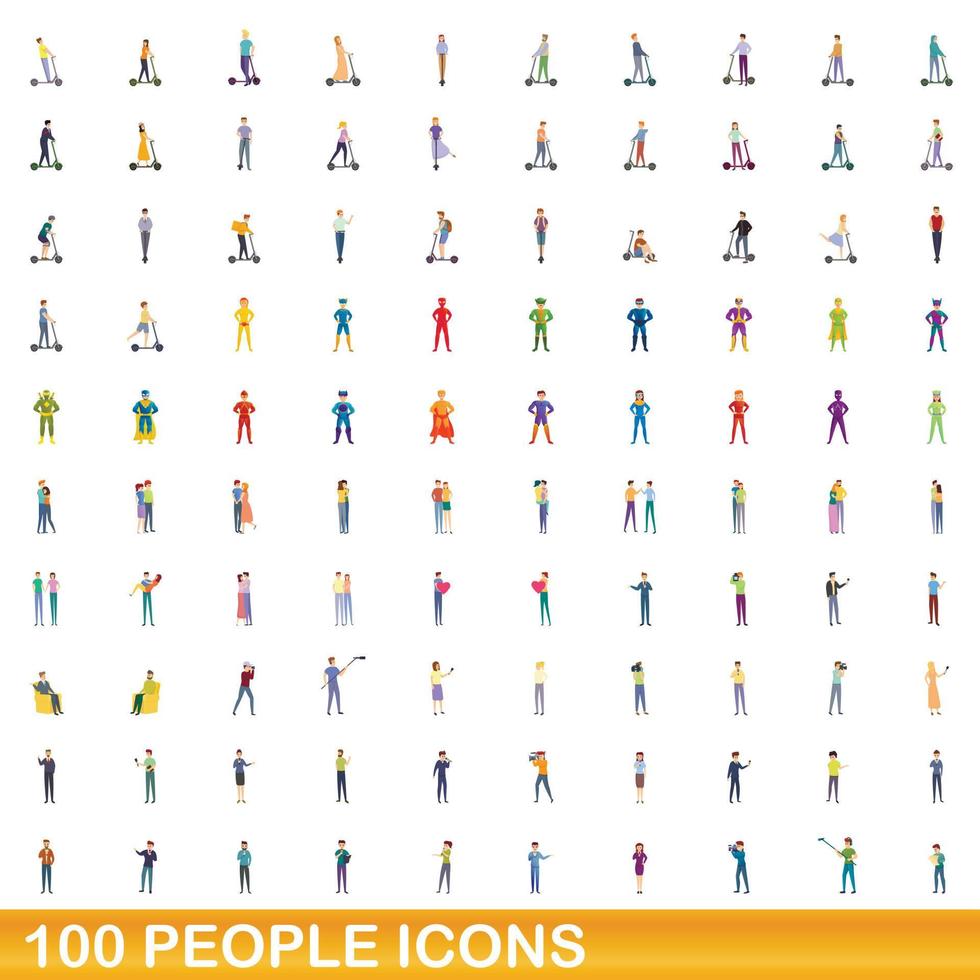 100 mensen iconen set, cartoon stijl vector