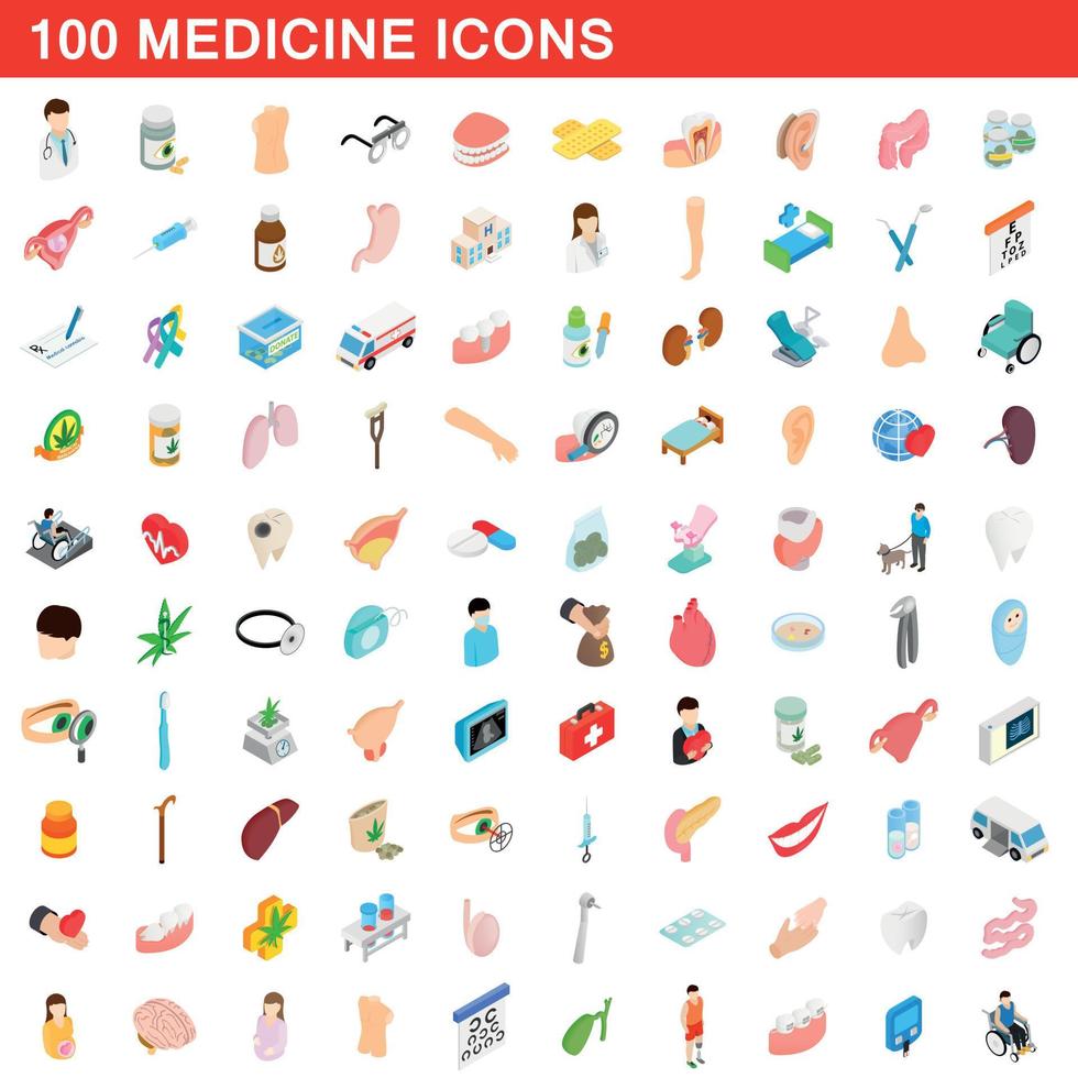 100 geneeskunde iconen set, isometrische 3D-stijl vector