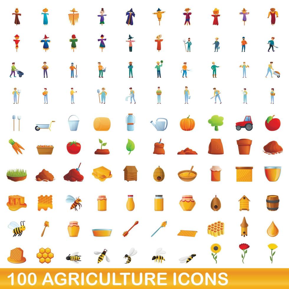 100 landbouw iconen set, cartoon stijl vector