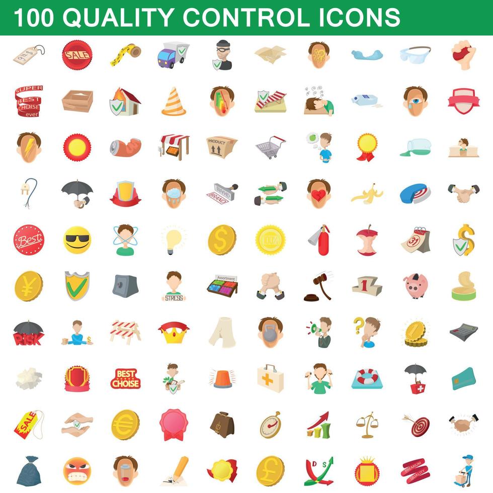 100 kwaliteitscontrole iconen set, cartoon stijl vector