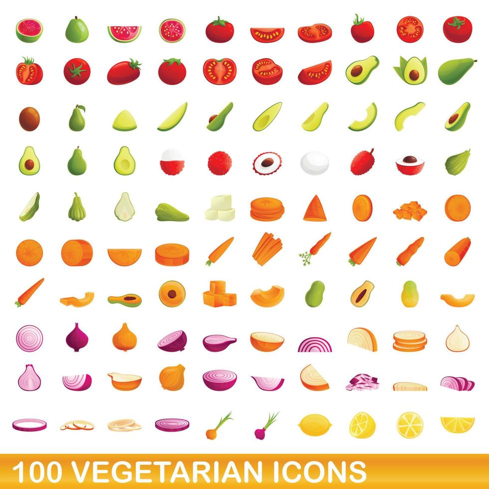 100 vegetarische iconen set, cartoon stijl vector