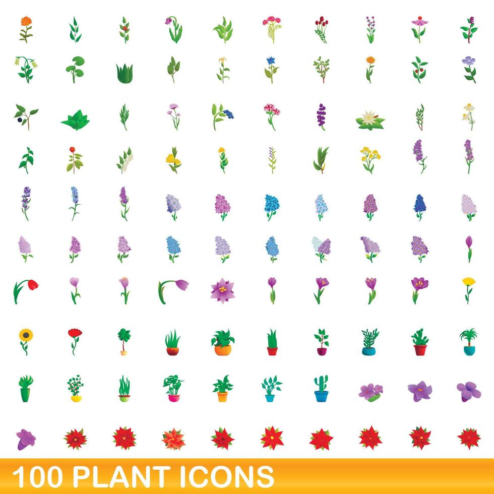 100 planten iconen set, cartoon stijl vector