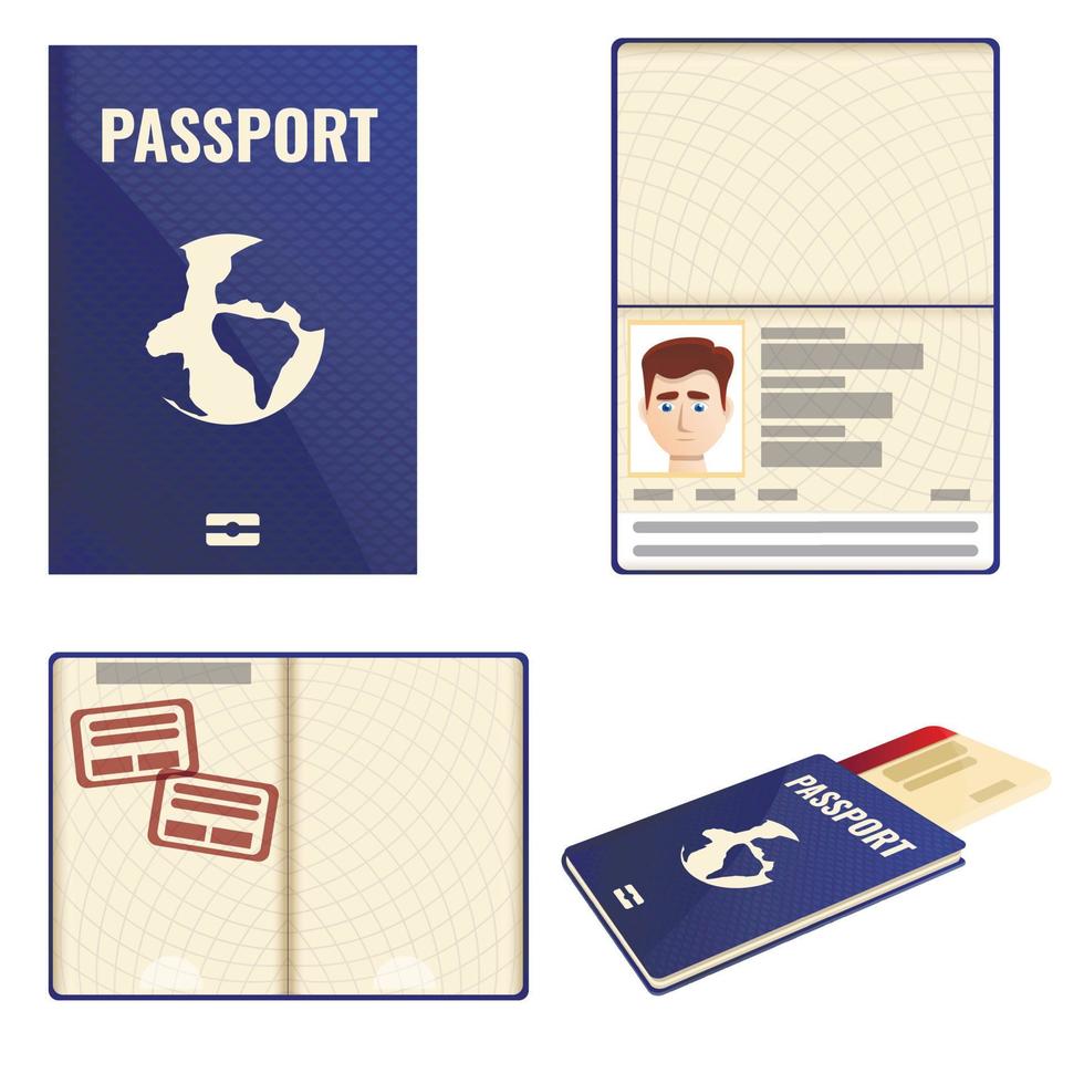 paspoort iconen set, cartoon stijl vector