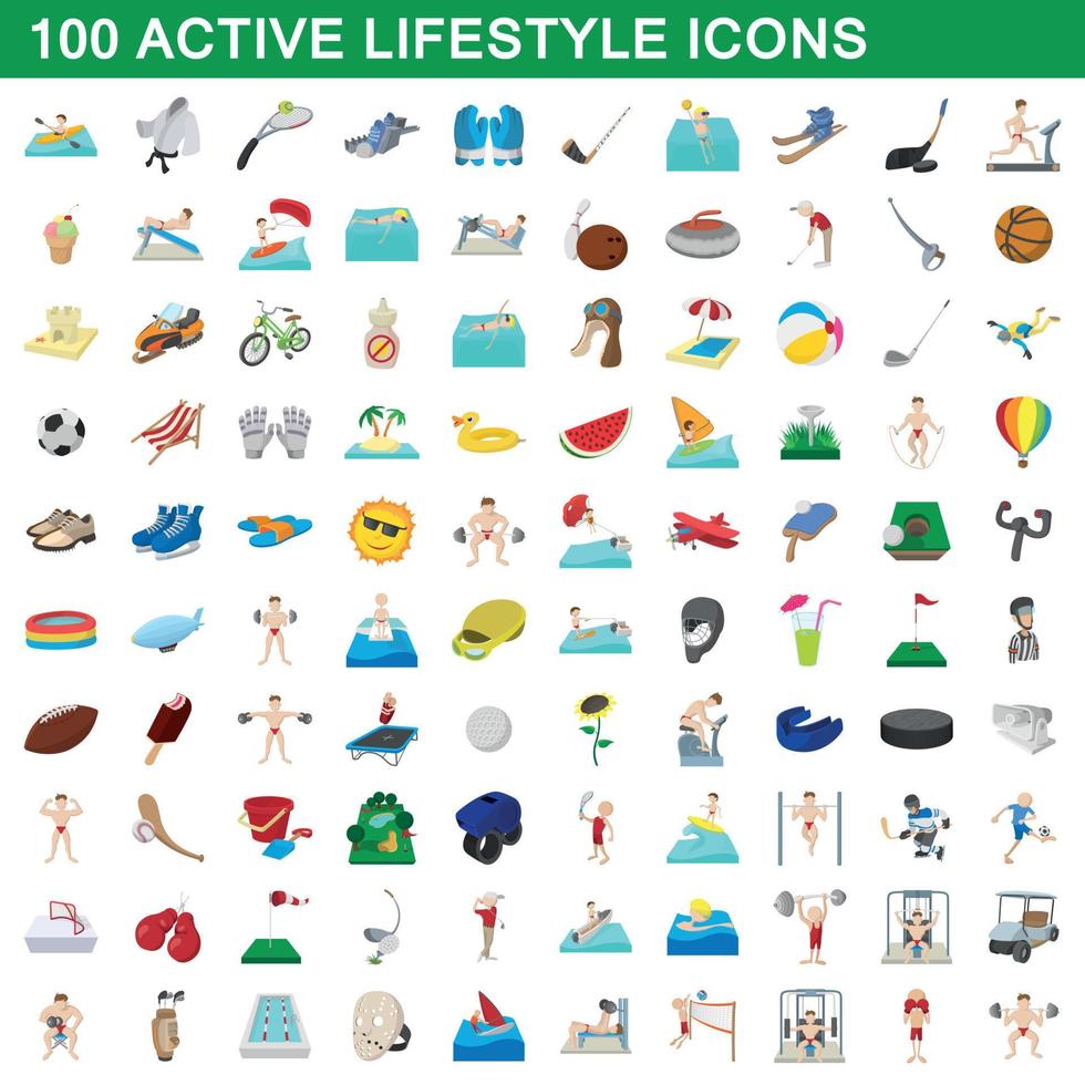 100 actieve levensstijl iconen set, cartoon stijl vector