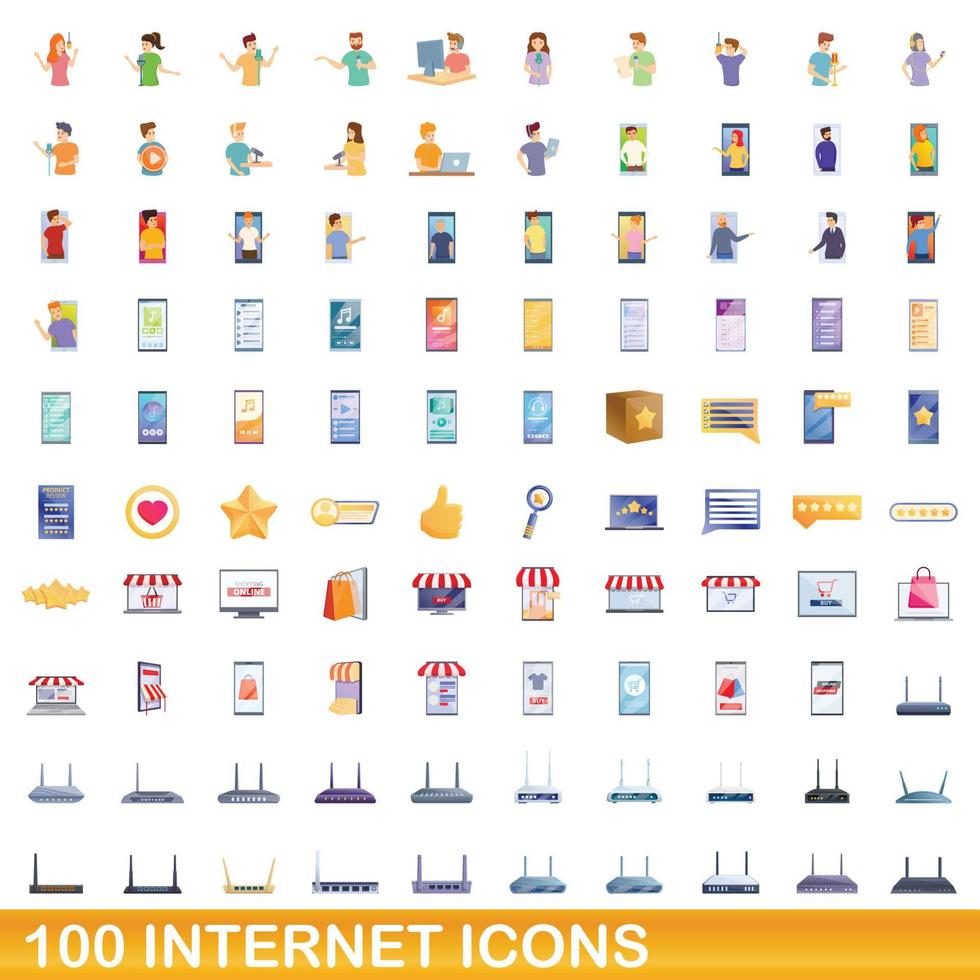 100 internet iconen set, cartoon stijl vector