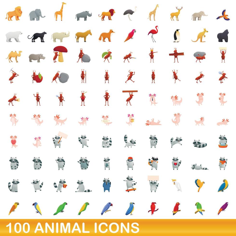 100 dieren iconen set, cartoon stijl vector