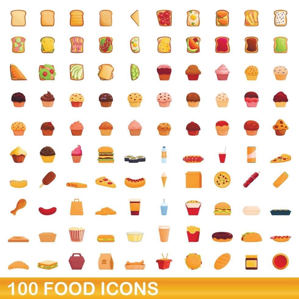 100 voedsel iconen set, cartoon stijl vector