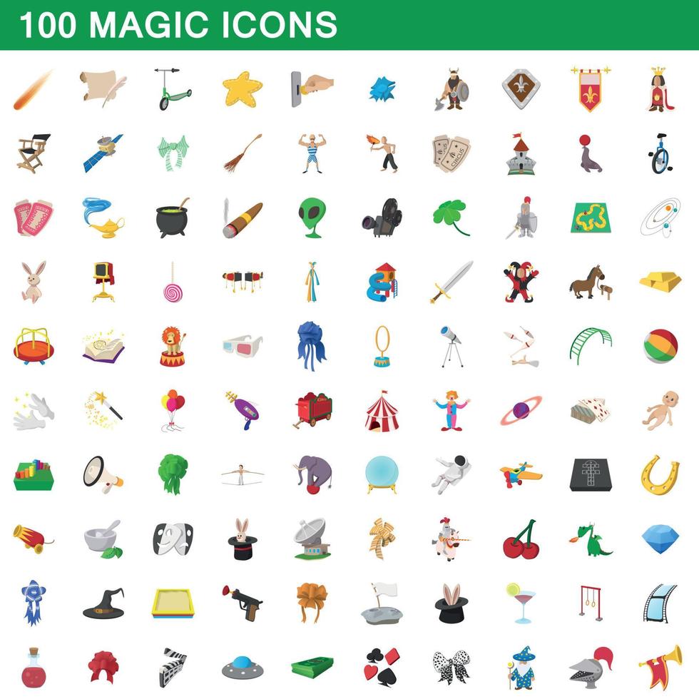 100 magische iconen set, cartoon stijl vector