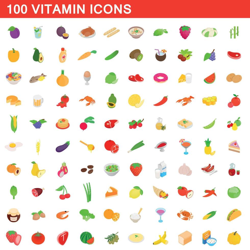 100 vitamine iconen set, isometrische 3D-stijl vector