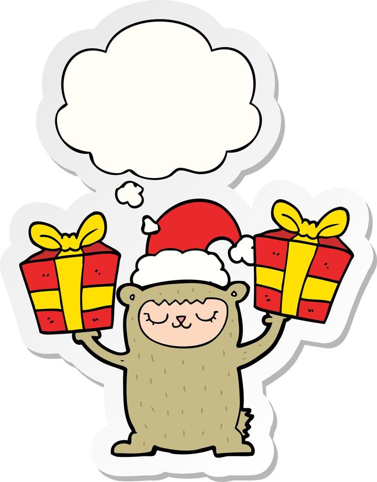 cartoon kerstbeer en gedachte bel als een gedrukte sticker vector