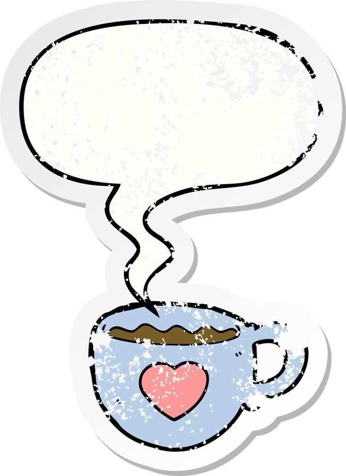 ik hou van koffie cartoon beker en tekstballon verontruste sticker vector