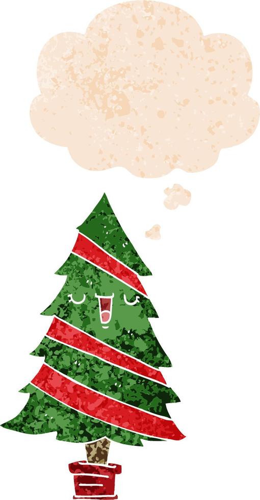 cartoon kerstboom en gedachte bel in retro getextureerde stijl vector