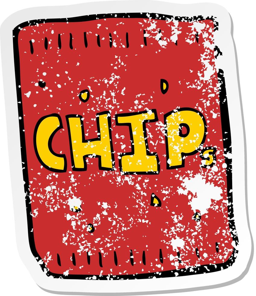 verontruste sticker van een cartoon pakje chips vector