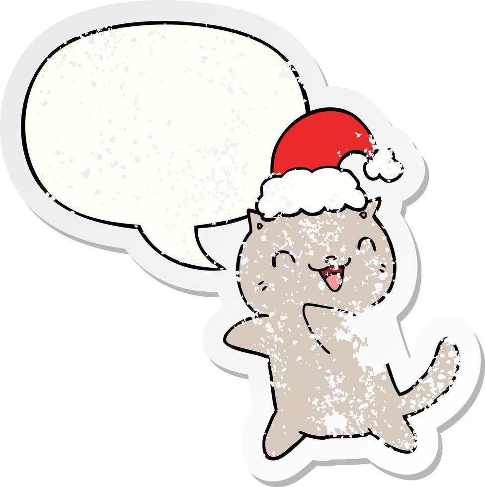 schattige cartoon kerst kat en spraakbel noodlijdende sticker vector