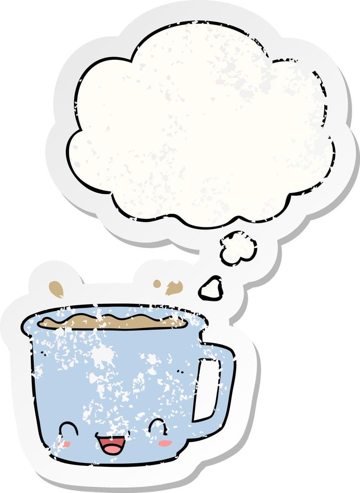 cartoon kopje koffie en gedachte bel als een versleten versleten sticker vector