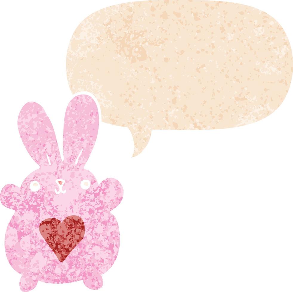 schattig cartoon konijn met liefde hart en tekstballon in retro getextureerde stijl vector