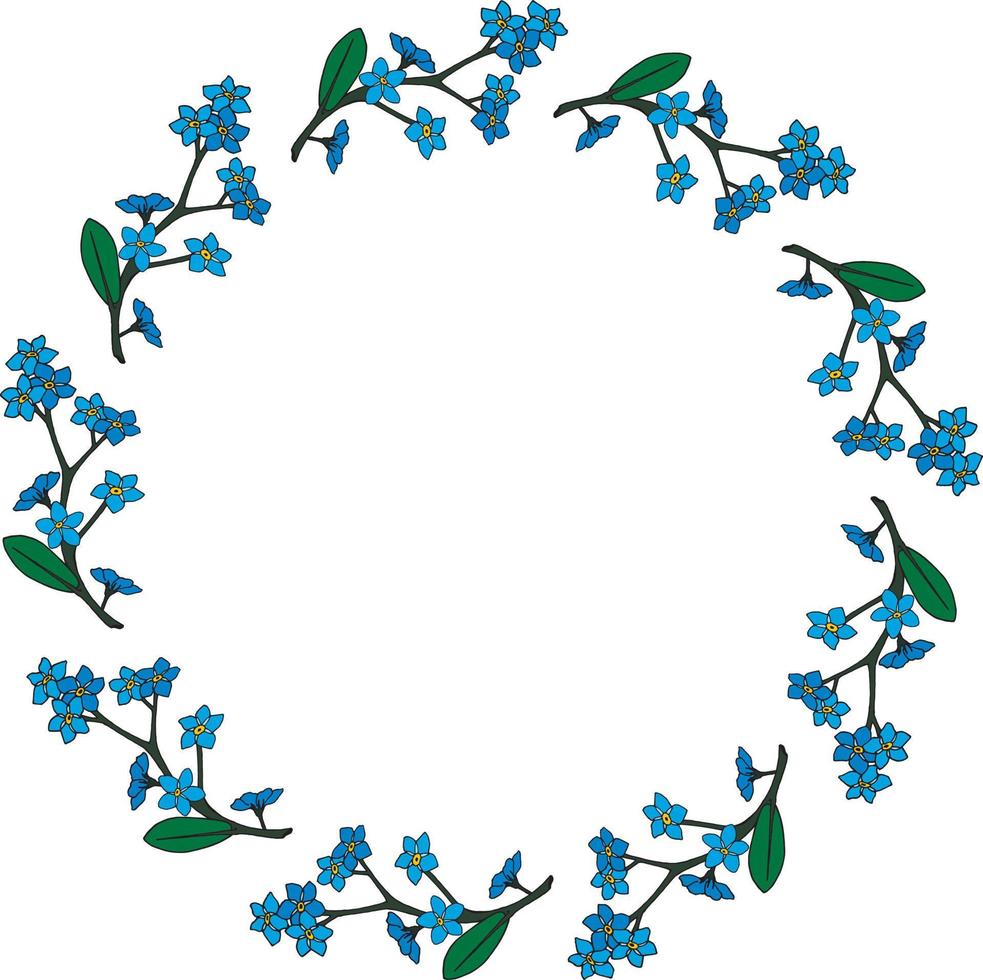 rond frame met horizontale blauwe bloemen vergeet-mij-nietje. geïsoleerde krans op een witte achtergrond voor uw ontwerp. vector