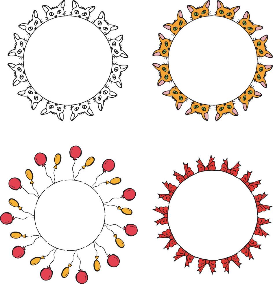 vier ronde frames met katten, ballonnen en strikken. geïsoleerde kransen op een witte achtergrond voor uw ontwerp vector