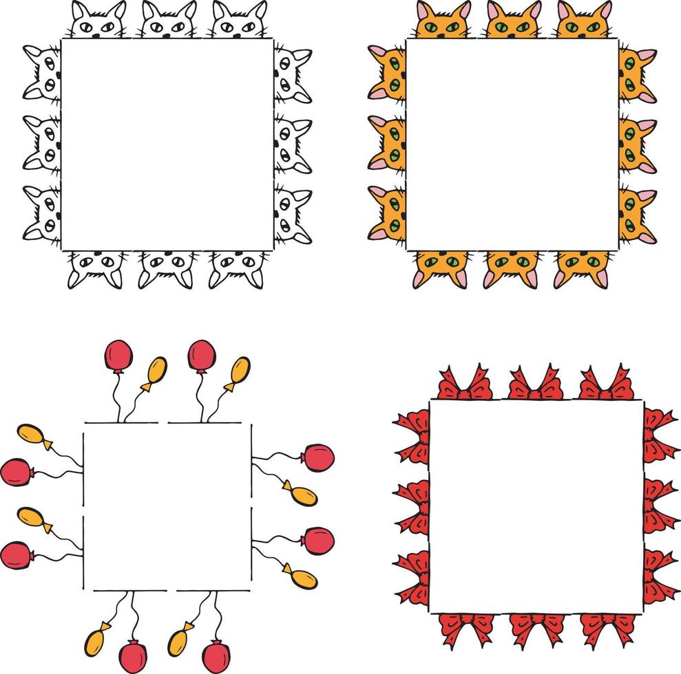 vier vierkante frames met katten, ballonnen en strikken. geïsoleerde frames op een witte achtergrond voor uw ontwerp vector